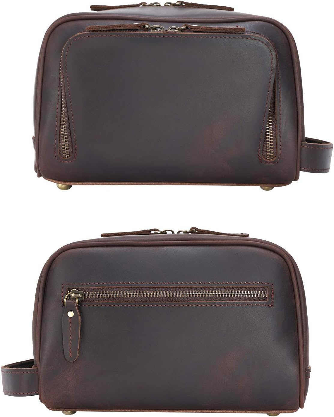 Polare Vintage Full Grain Leather Handmade Travel Toiletry Bag for Men - Dopp Kit - Shaving Kit with YKK Metal Zippers A-Dark Brown