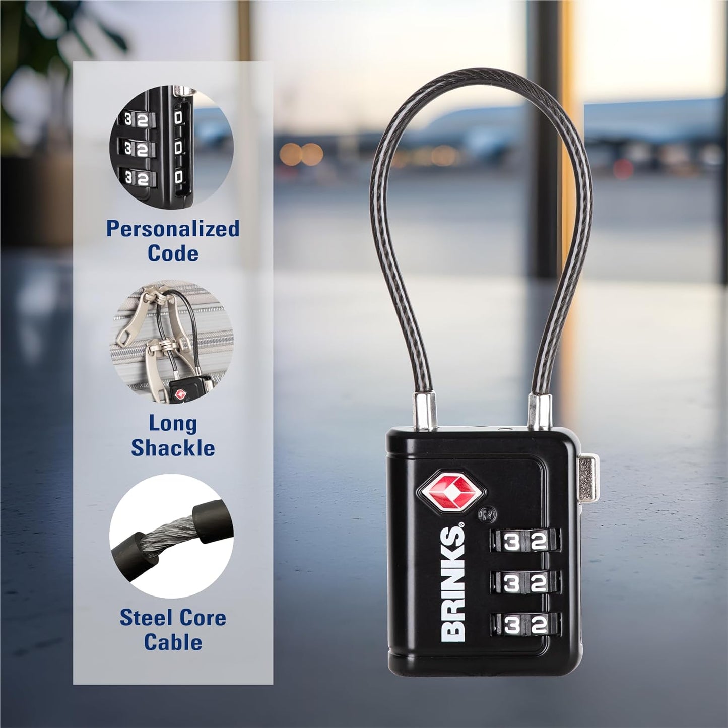 Brinks TSA Accepted Indicator Luggage Lock, Black - Resettable 3-Dial Combination, 2.5 inch Long