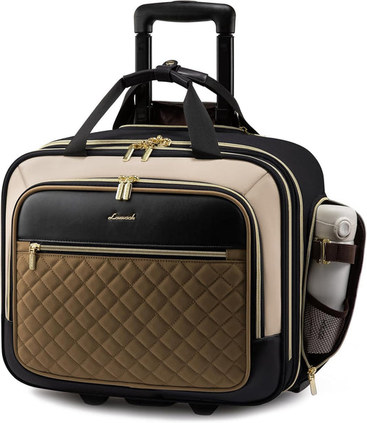 LOVEVOOK Rolling Laptop Bag Women, 17.3 Inch Laptop Briefcase with Wheels for Work Travel Business, Underseat Carry On Luggage Case,Khaki-Apricot