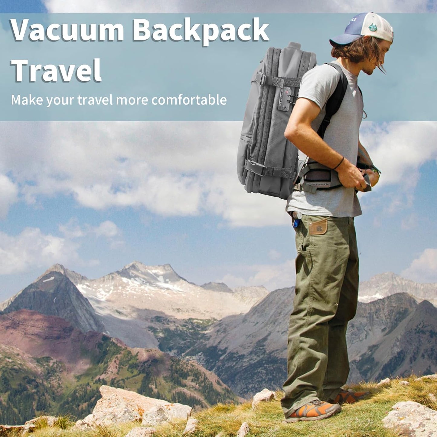 Vacpack Backpack, Air Backpack With Pump, 60L Expandable Backpack with Vacuum Compression, Anti Theft Vacpack Travel Vacuum Backpack (light gray)