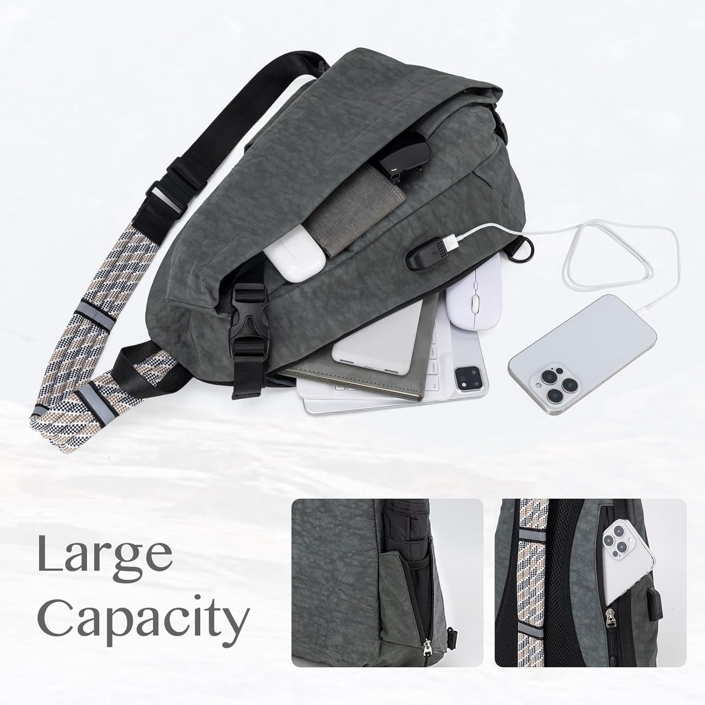 Large Sling Bag Nylon Purse Crossbody Bags for Women Waterproof Shoulder Bag for Women Men Travel Hiking
