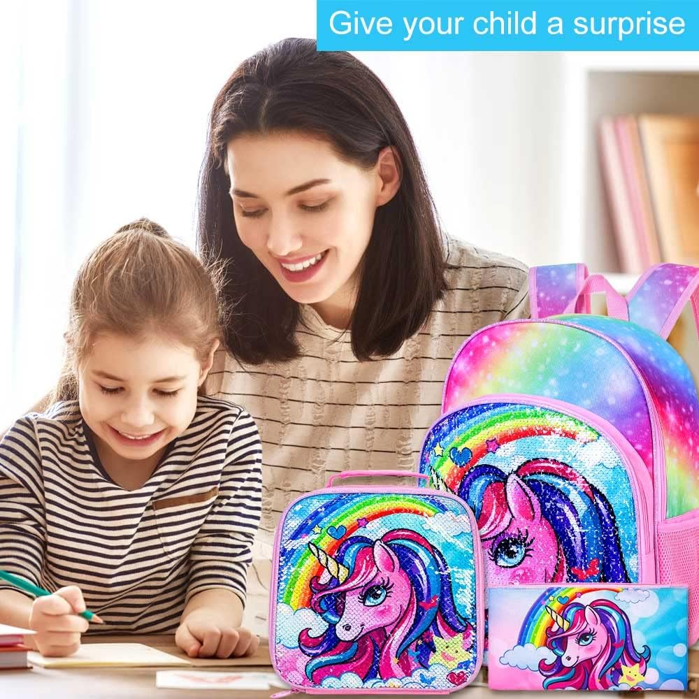 3PCS Unicorn Backpack, 16" Girls Rainbow Sequins Kids Bookbag with Lunch Box, School Bags for