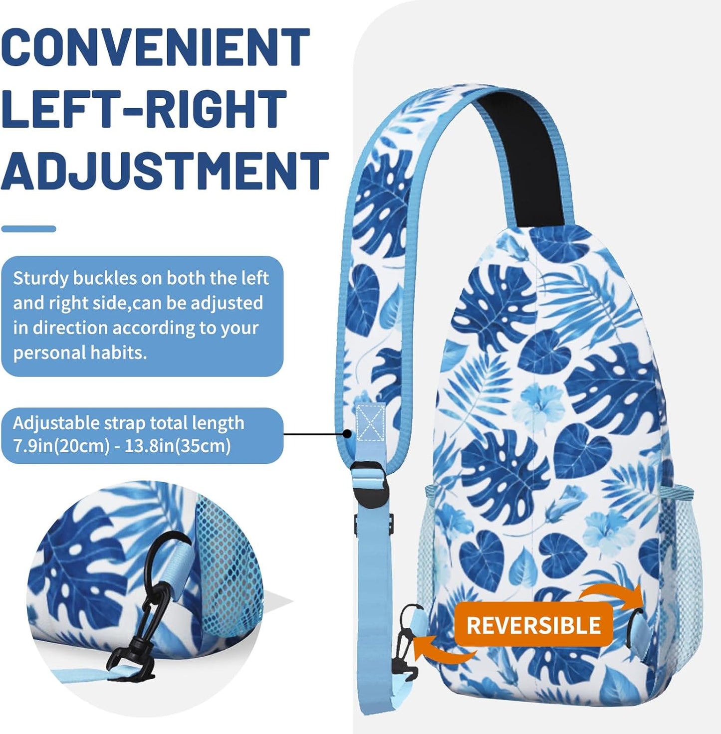 Blue Tropical Leaves Sling Bag Crossbody Chest Bag for Women Men, Water Resistant Lightweight Casual Crossbody Bag with Adjustable Strap, Travel Hiking Daypack Shoulder Backpack