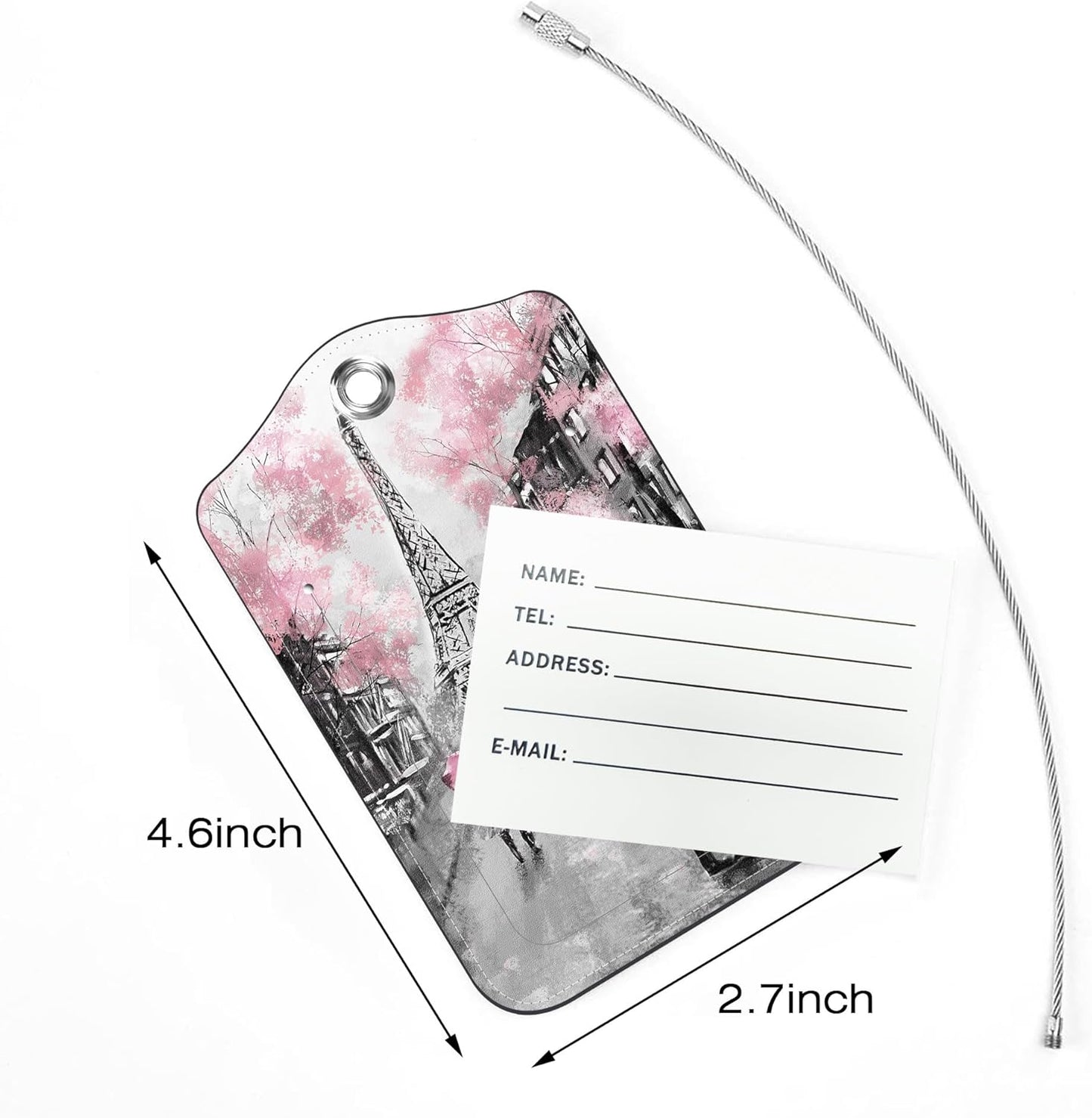 2 Pack Luggage Tags,Pink Paris PU Leather Idea Baggage Tag with ID Labels Privacy Cover Metal Ring Men and Women Travel Bag Labels