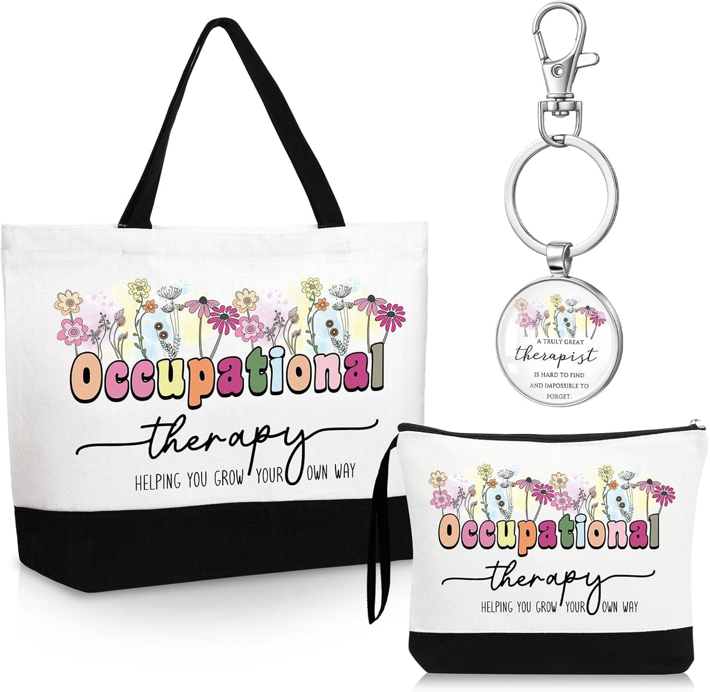 Kacctyen 3 Pcs Occupational Therapy Gifts Canvas Tote Bag Mental Healthy Makeup Cosmetic Bag Psychology Appreciation Keychains OT Gifts for Women Therapists Birthday Christmas