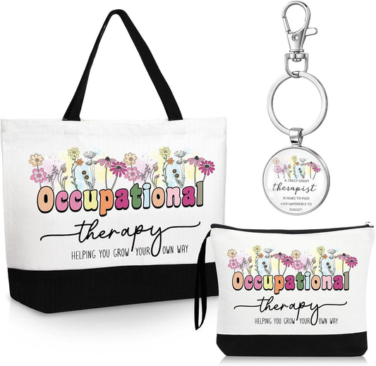 Kacctyen 3 Pcs Occupational Therapy Gifts Canvas Tote Bag Mental Healthy Makeup Cosmetic Bag Psychology Appreciation Keychains OT Gifts for Women Therapists Birthday Christmas