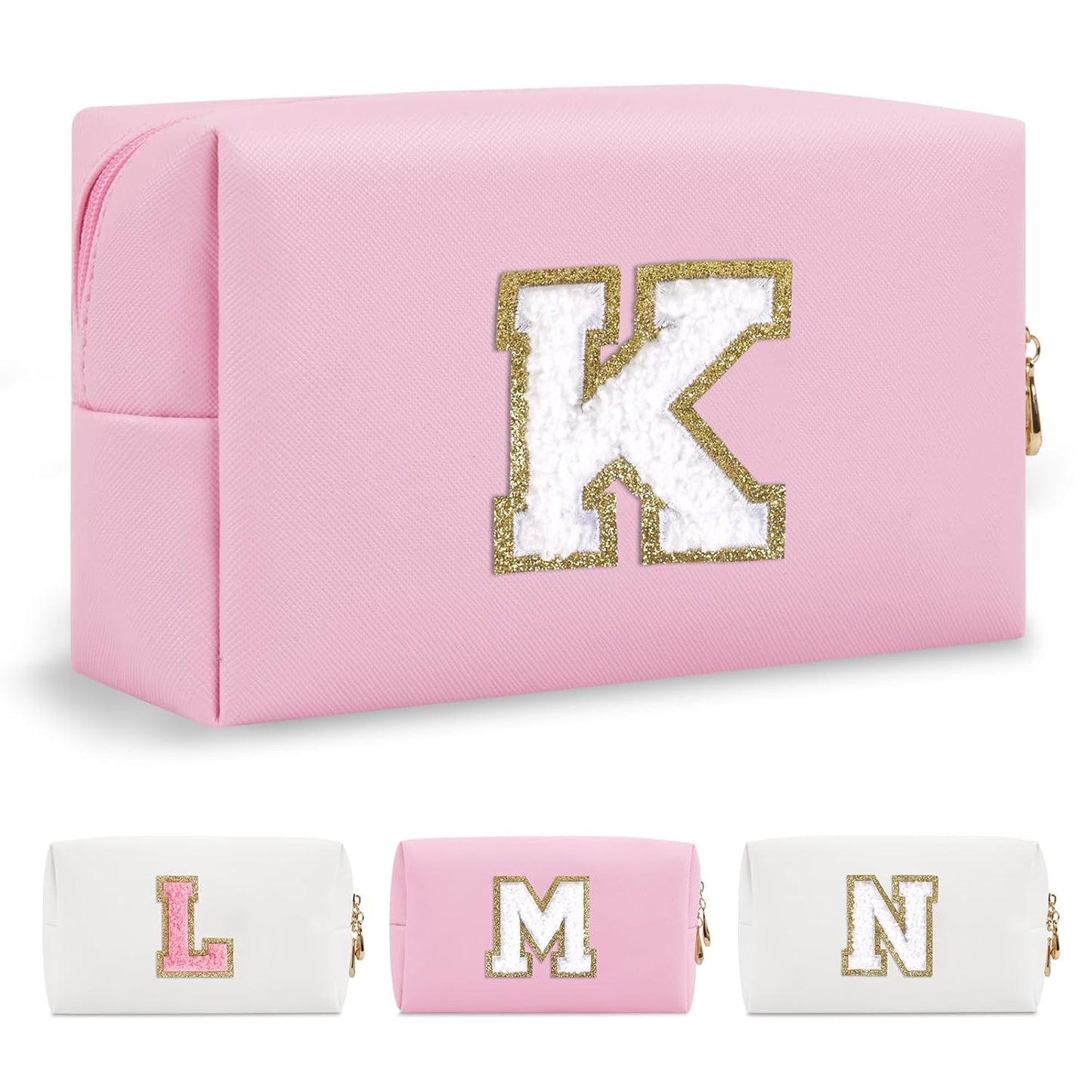 Personalized Initial A-Z Preppy Patch Makeup Bag,Small PU Chenille Letter Cosmetic Bag with Zipper for Teen Girls,Pink Cute Toiletry Organizer Bag,Monogram Makeup Case Gift for Women Girls,Letter K