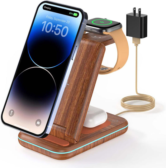 Wireless Charging Station: GEEKERA 3 in 1 Foldable Wireless Charger Stand for iPhone 17/16/15/14 13 12 11 Pro Max/X/8, Charging Station for Apple Watch Ultra/SE/11/10/9/8/7/6/5/4, AirPods 4/3/2/Pro