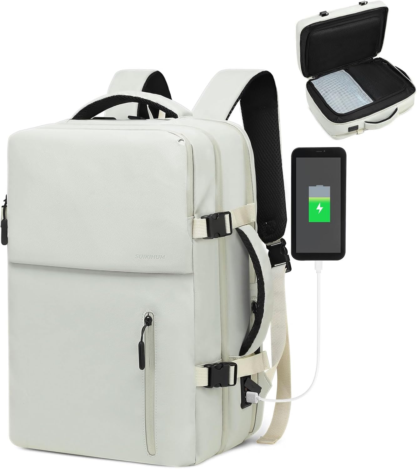 Business Travel Carry on Backpack, Lay Flat Luggage Style Bag with USB C & A, 16-inch Suitcase Capacity, Airline Approved, Beige