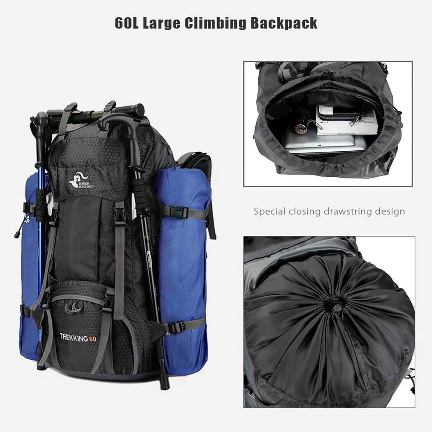 Bseash 60L Waterproof Hiking Camping Backpack with Rain Cover, Large Outdoor Sport Travel Daypack