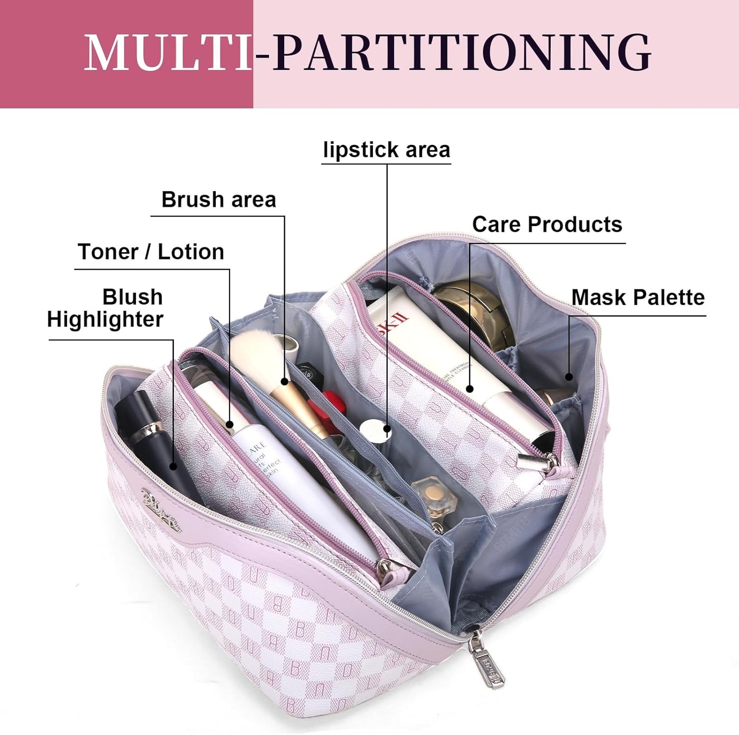BOYATU Travel Makeup Bag Cosmetic Bags for Women: 3 Pcs Set Portable Make up Bag with Handle - Vegan Leather Toiletry Bags with Compartments - Makeup Organizer for Travel Essentials(C-5-Purple)