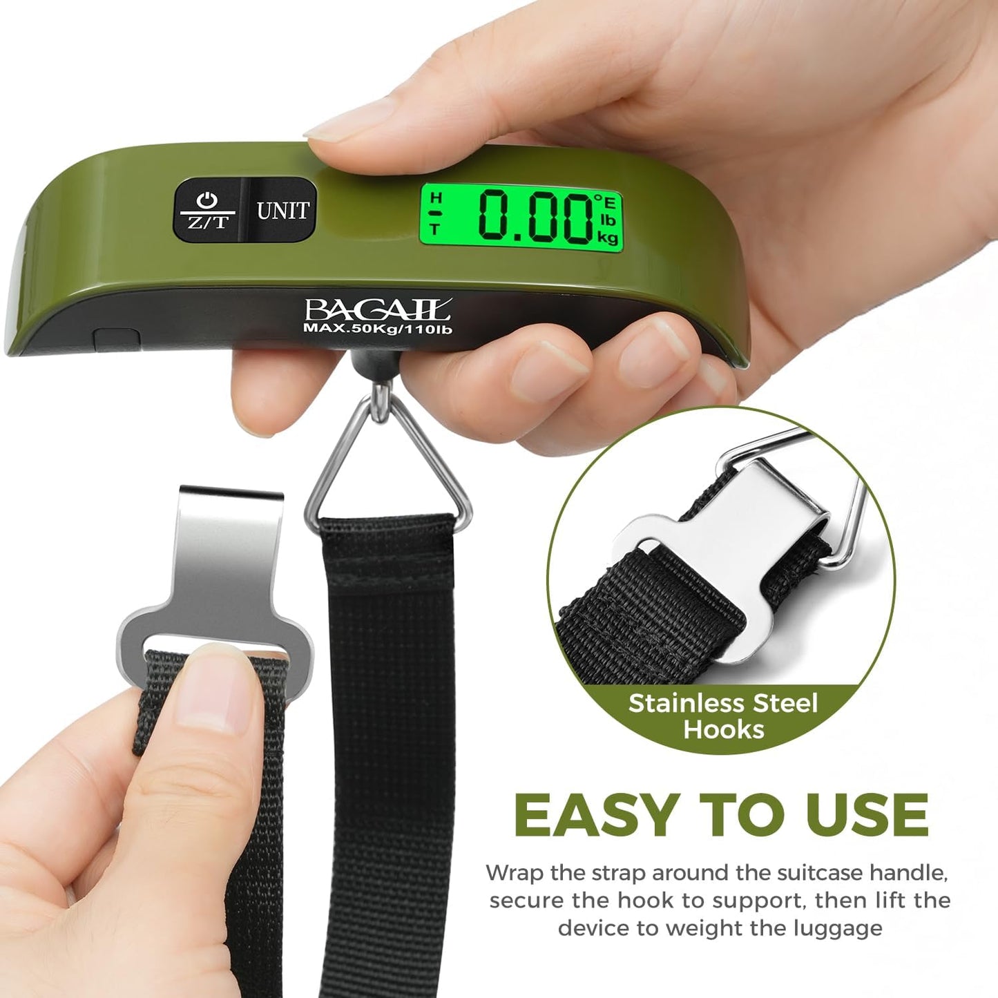 BAGAIL Digital Luggage Scale, 110lbs Hanging Baggage Scale with Backlit LCD Display, Portable Suitcase Weighing Scale, Travel Luggage Weight Scale with Hook, Strong Straps for Travelers