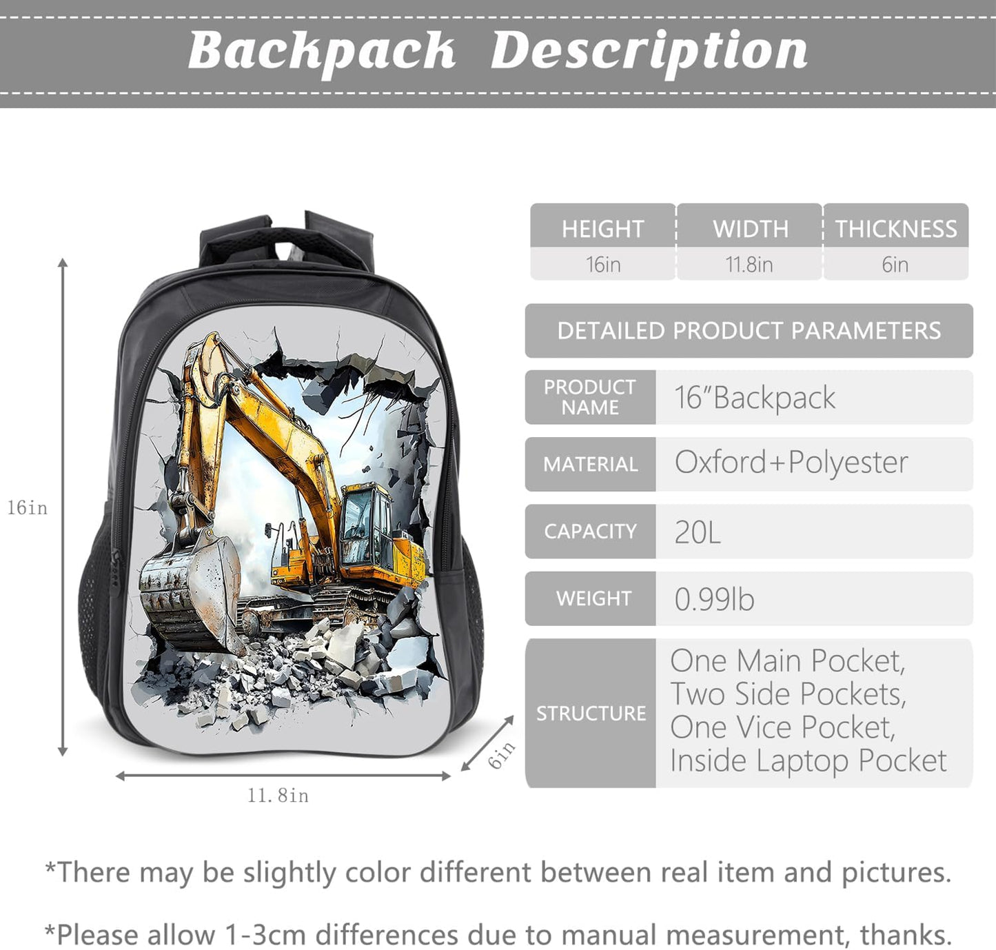 Klymax Construction Backpack Excavator Kids Schoolbag with Lunch Box Bag Pencil Bag 3pcs Bookbag Sets for Boys Girls
