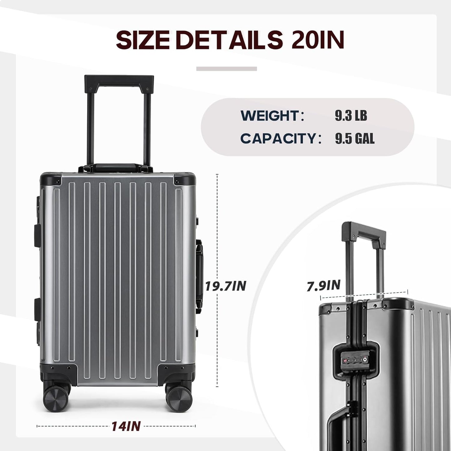 YYW All aluminum-magnesium Carry-On Luggage 20 Inch,Airline Approved Lightweight Suitcase with TSA Lock and Silent Wheels,Suitable for business travel (gunmetal gray, 20in)
