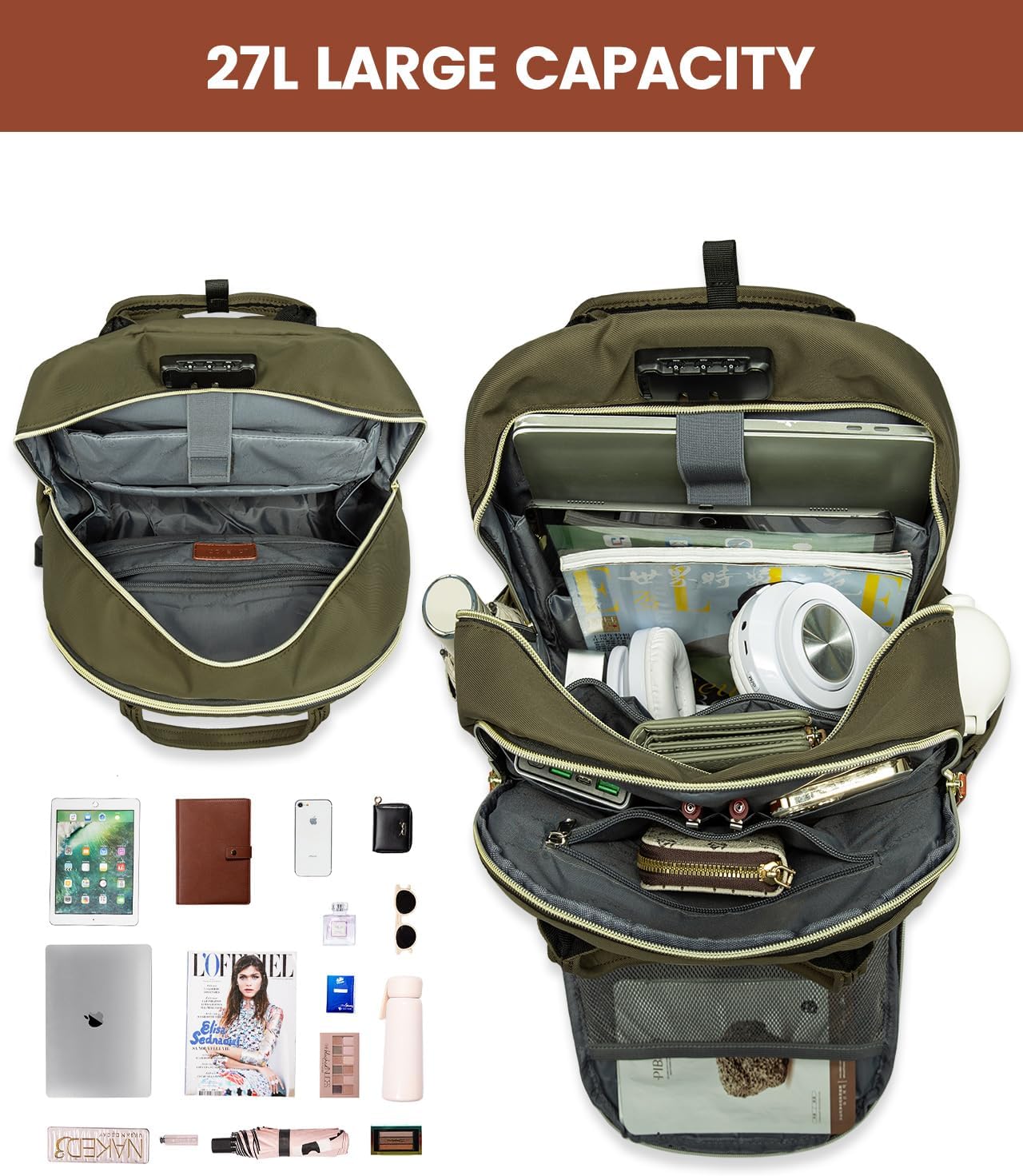 LOVEVOOK Laptop Backpack for Men & Women Unisex Travel Anti-Theft Bag Business Work Computer Backpacks Purse College Bag, Casual Hiking Daypack with Lock, 15.6 Inch, Army Green