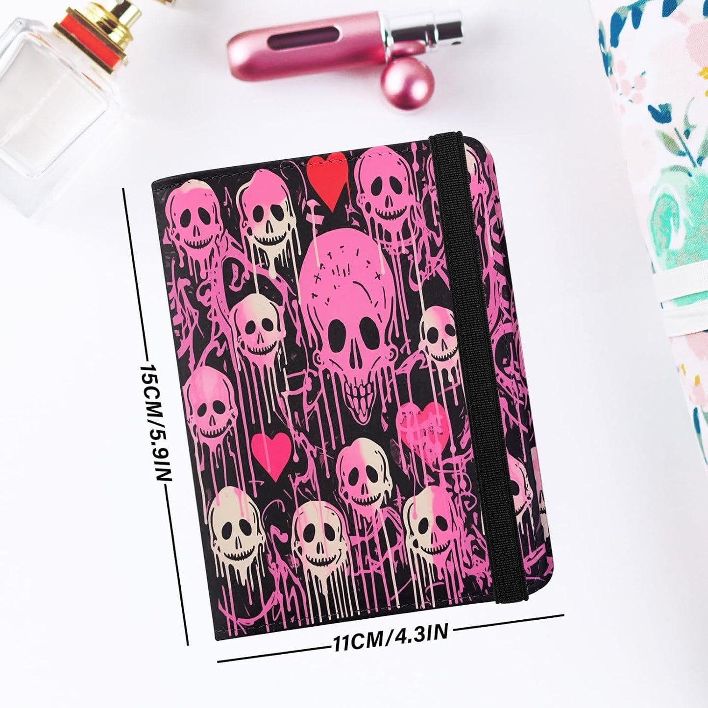 Cute Passport Holder and Holder Combo Passport Cover with Compatible Wallet Credit Card Protector RFID Blocking Women Men (Pink Skull Skeleton)