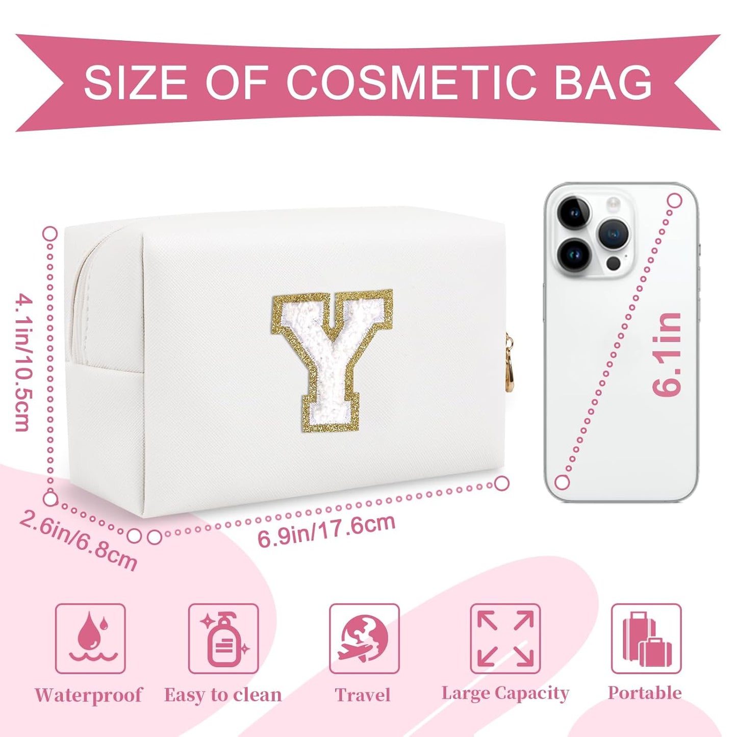 Small Personalized Initial A-Z Preppy Patch Makeup Bag,White PU Chenille Letter Travel Cosmetic Pouch with Zipper,Cute Toiletry Bag,Gift Ideal for Teen Girls Women Teacher Bridesmaid,Letter Y