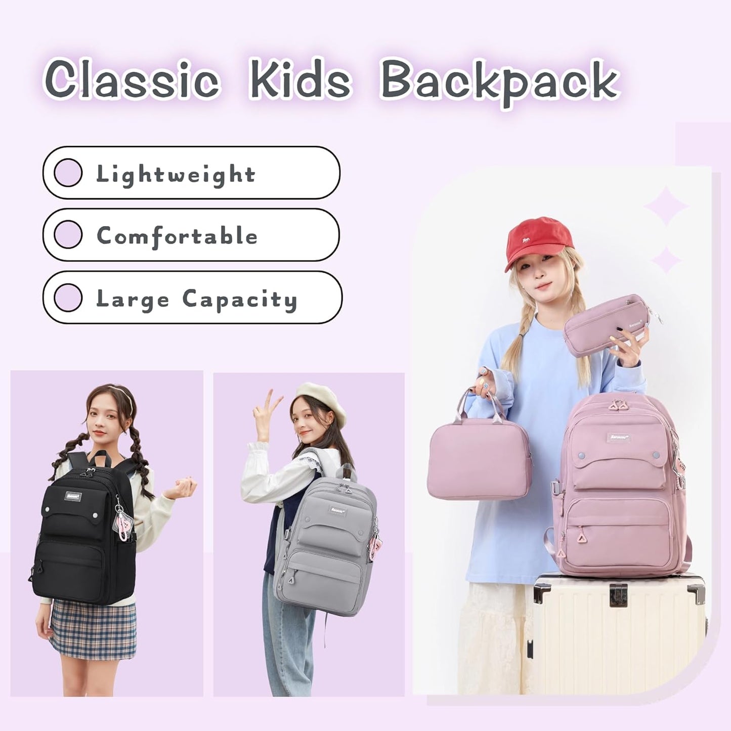 3Pcs Beige Girls Backpack and Lunchbox Set for School Kids, Solid Color Cream School Bag Backpack