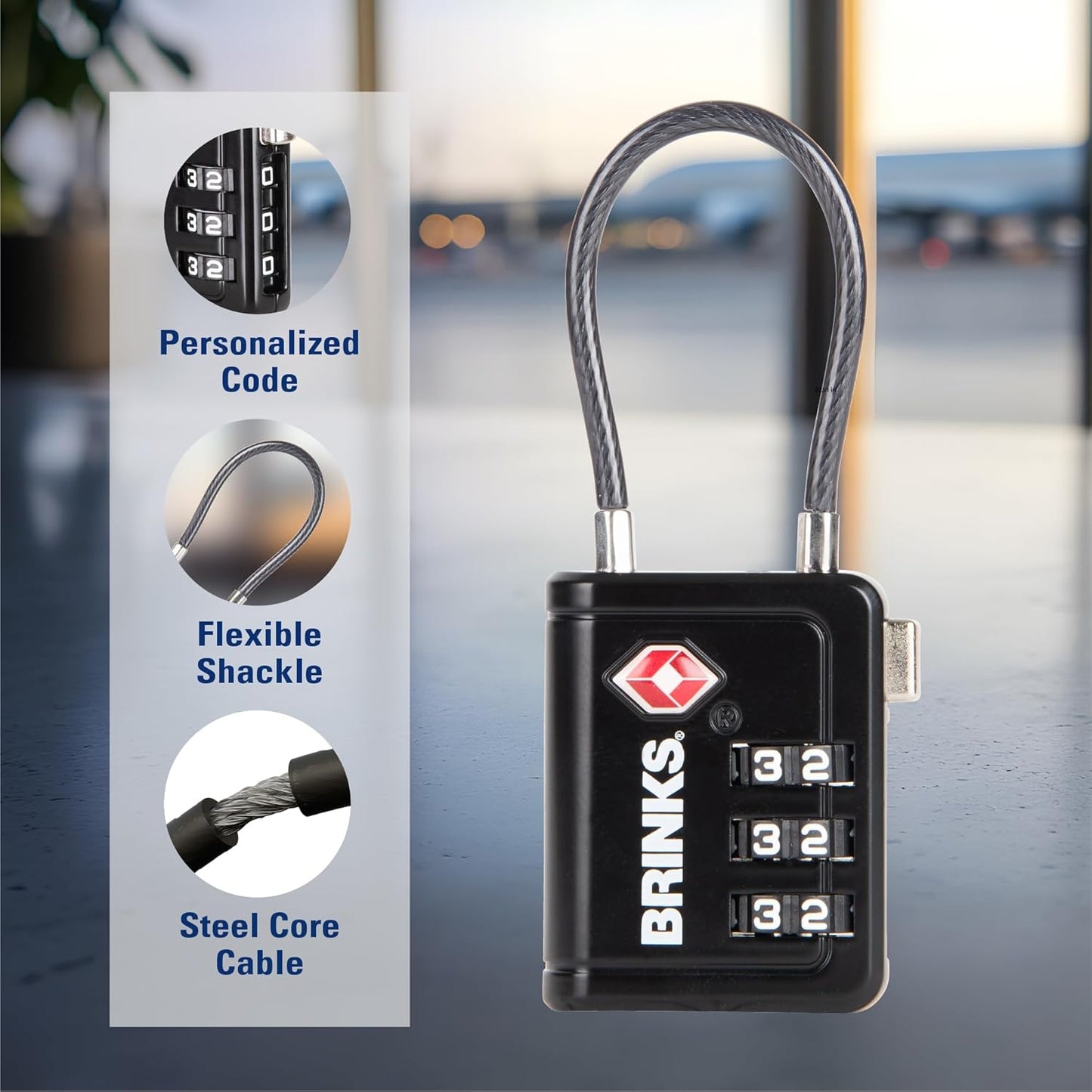 Brinks TSA Accepted Indicator Luggage Lock, Black - Resettable 3-Dial Combination, 1.5 inch Long Cable Shackle, New More Secure TSA008 Key, 4 Pack