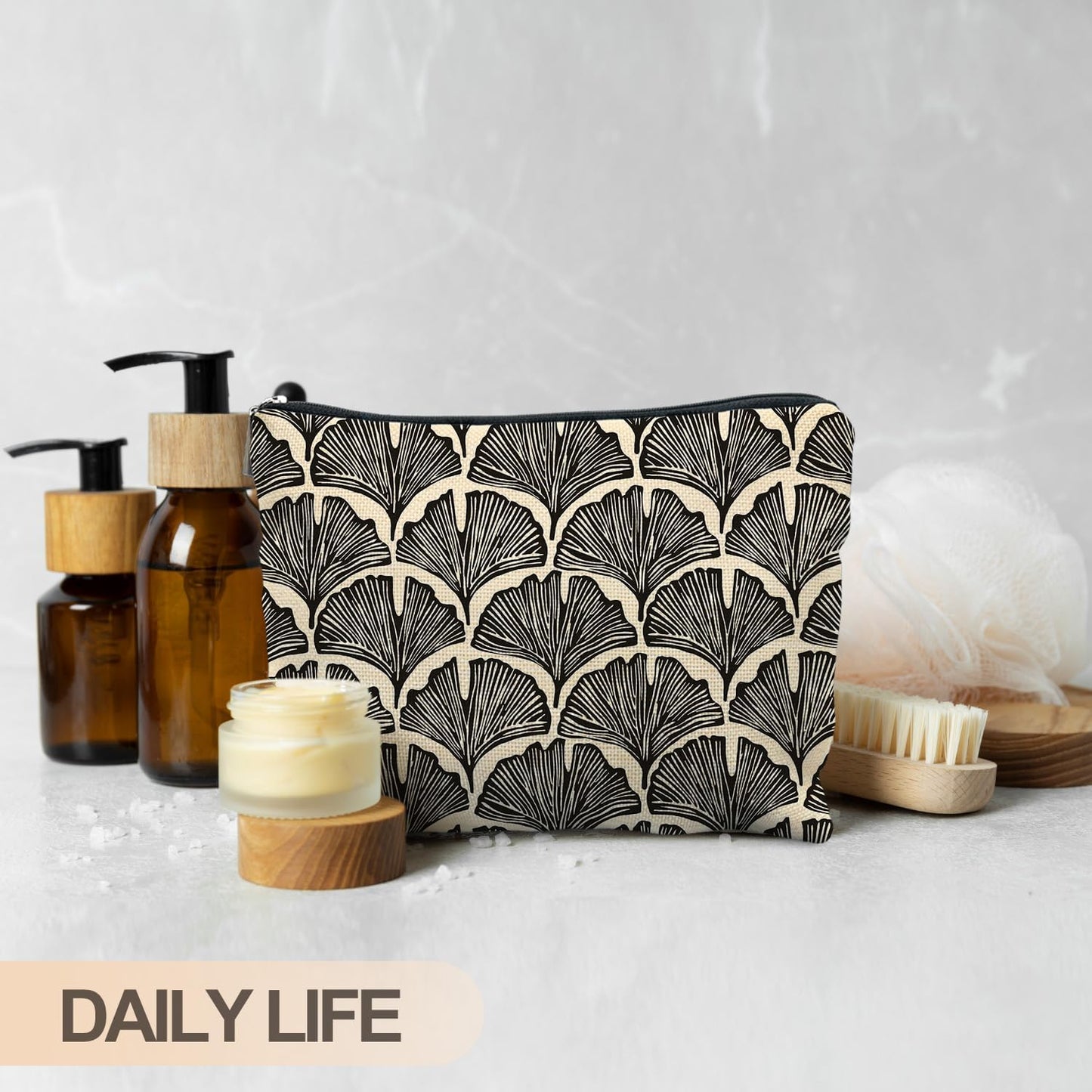 Abstract Black and Beige Makeup Bag, Art Deco Feather Palm Botanical Cosmetic Bags for Women, Mid Century Modern Art Zipper Makeup Pouch