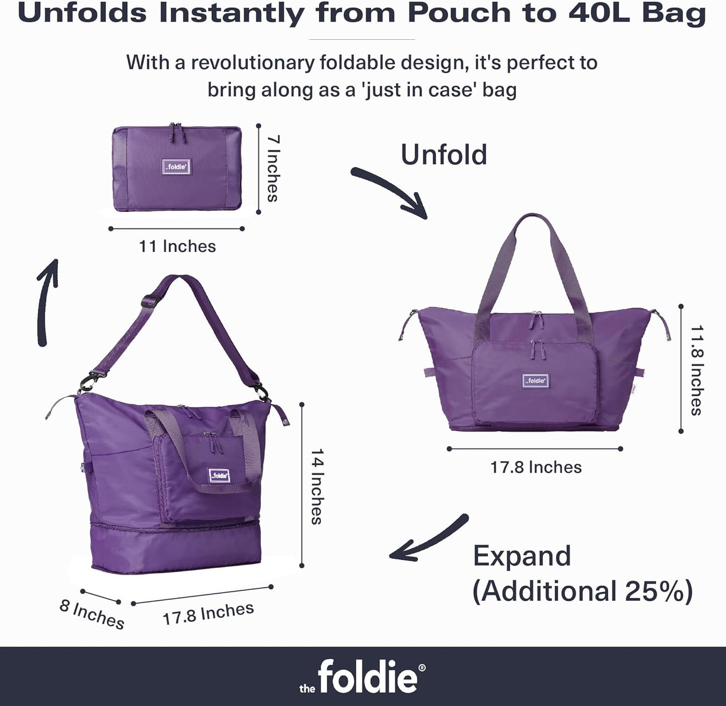 The Foldie Foldable Travel Bag for Women - 40L Weekender Bag with Multiple Pockets - Carry On Expendable Travel Bag