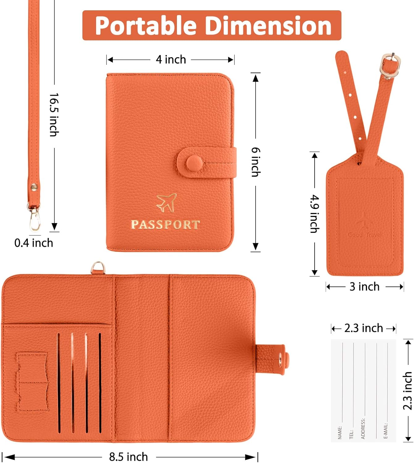 Passport Holder RFID Protected Wallet and Luggage Tag with Protection Cover Travel Accessories Leather Card Case Organizer for Women Men (Orange)