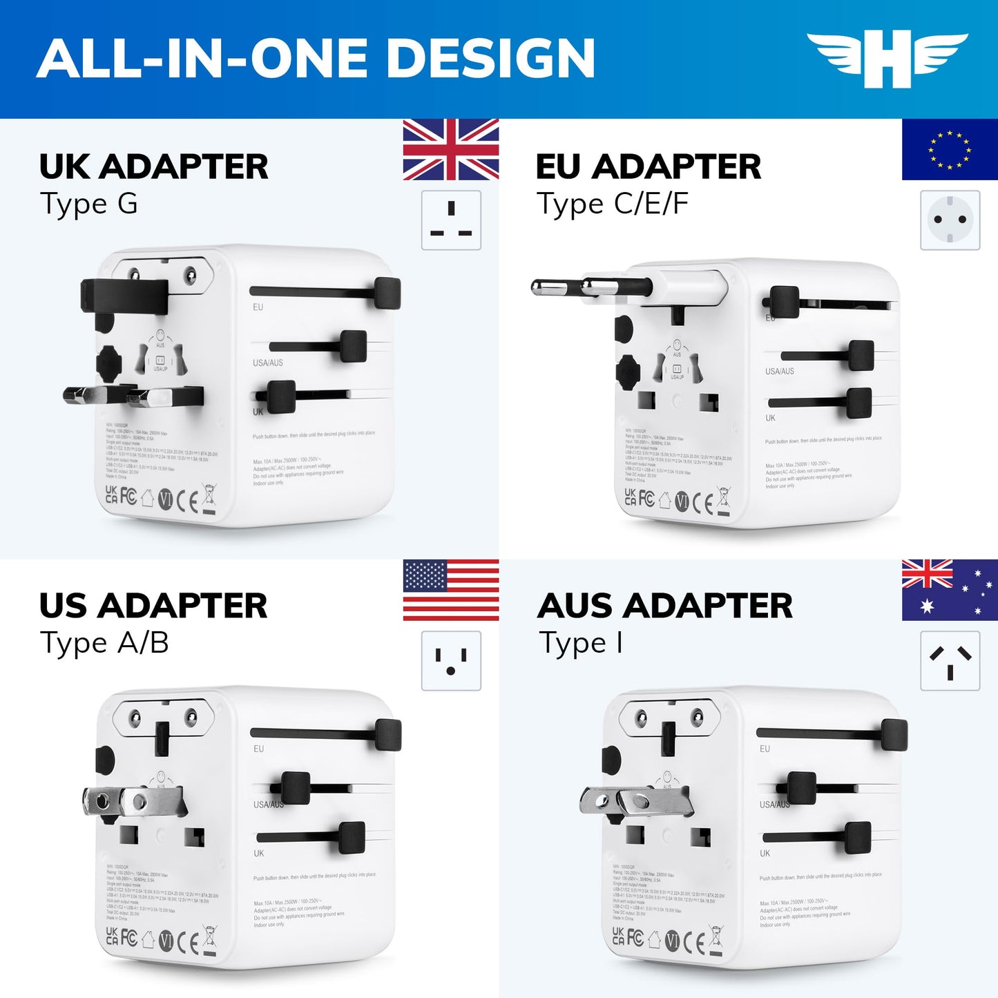 Hero International Travel Power Adapter – Universal Plug for Europe, UK, US, Asia, AUS, 100+