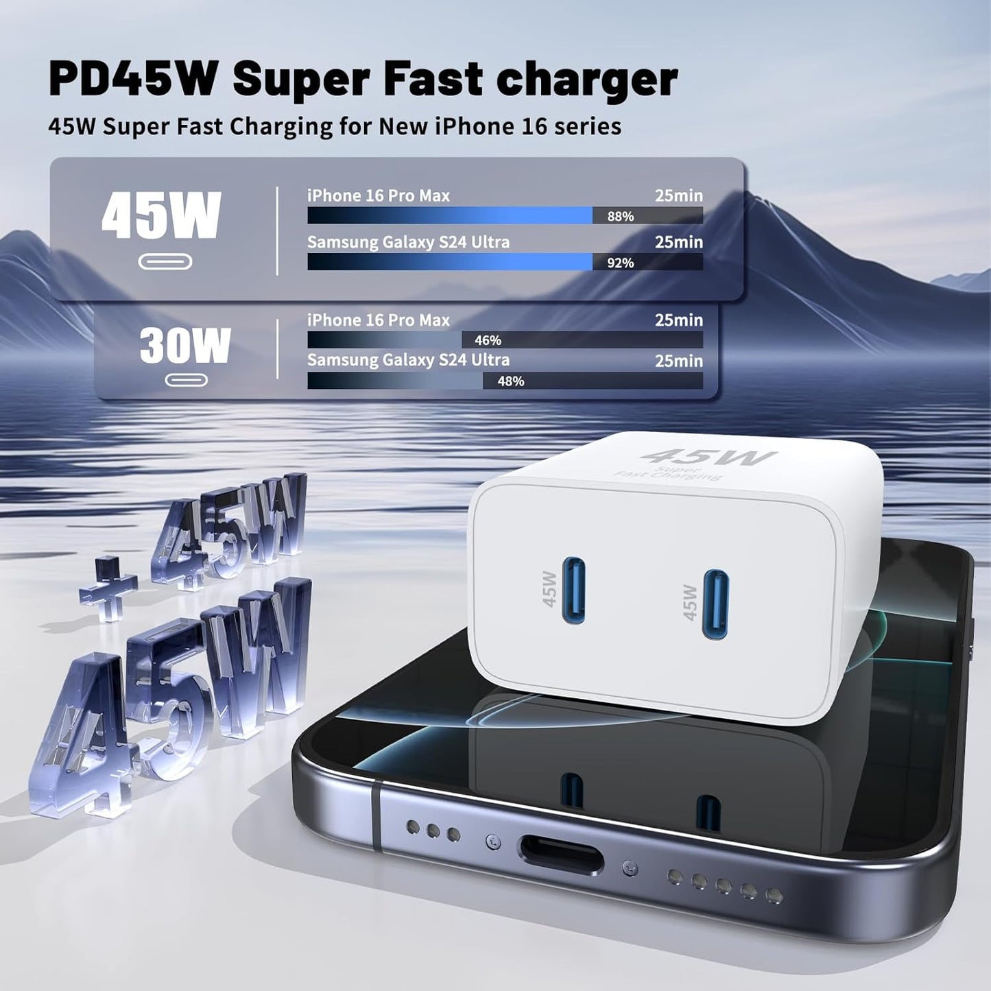 iPhone 17 16 15 Pro Max Charger Fast Charging,45W Dual Port USB C Fast Charger Block [2-Pack] & Extra Long 60W 3/6/10/10FT USB C Cable - PD Quick Adapter 3.0 for iPhone 16 15 17/16 15 17 Pro.