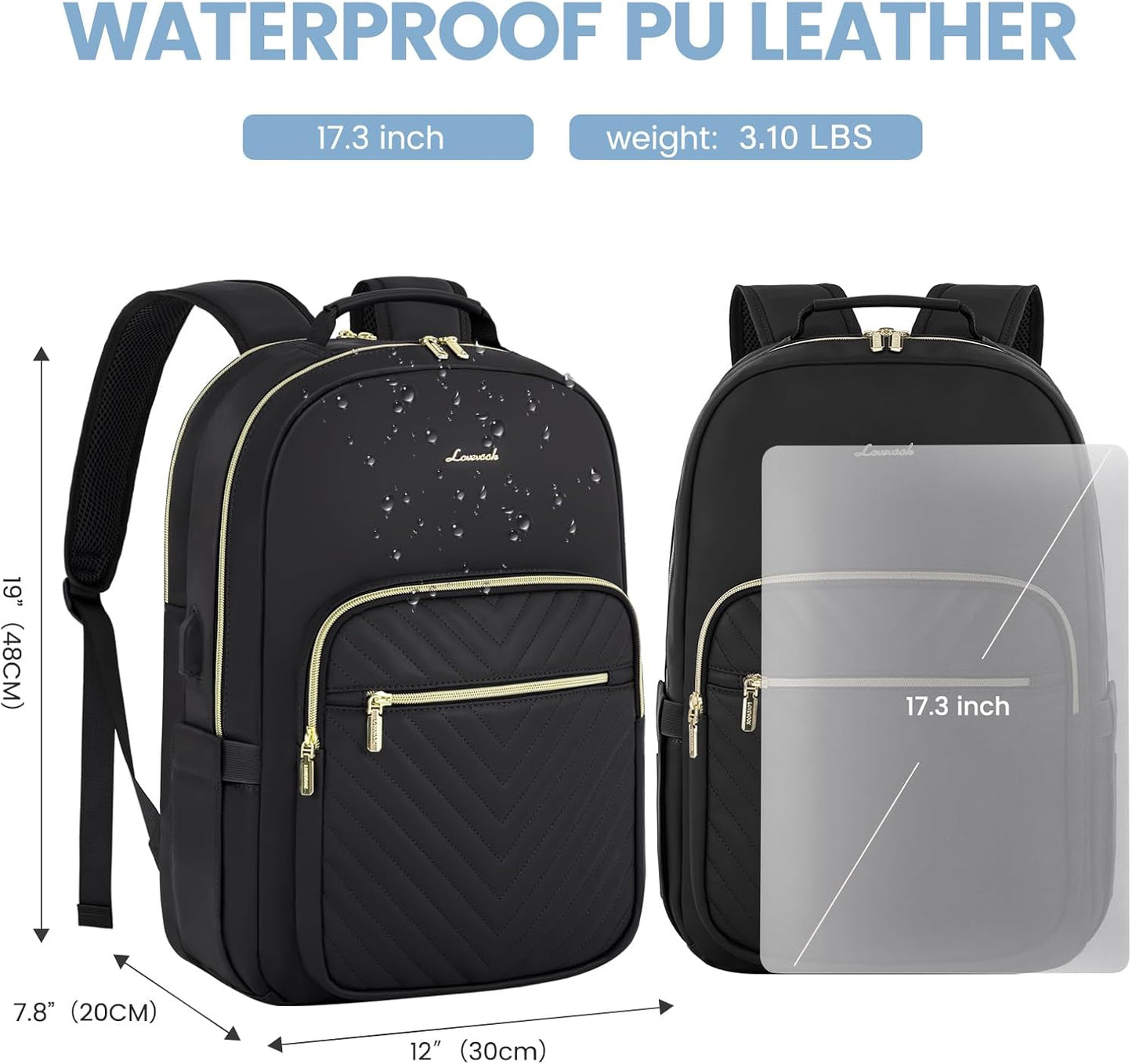 LOVEVOOK Leather Backpacks for Women,17.3 inch Leather Laptop Backpack Women Computer Backpack Laptop Bag,Stylish Quilted Travel Backpack Purse Work Bag College Teacher Backpacks with USB Port,Black