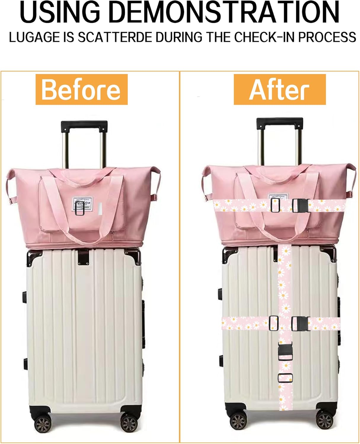 Luggage Straps for Suitcases, Adjustable Travel Belt, Durable Wide Luggage Strap, Cute Suitcase Strap Identifiers with Buckle, Bag Straps for Luggage, Cute Pink Daisy