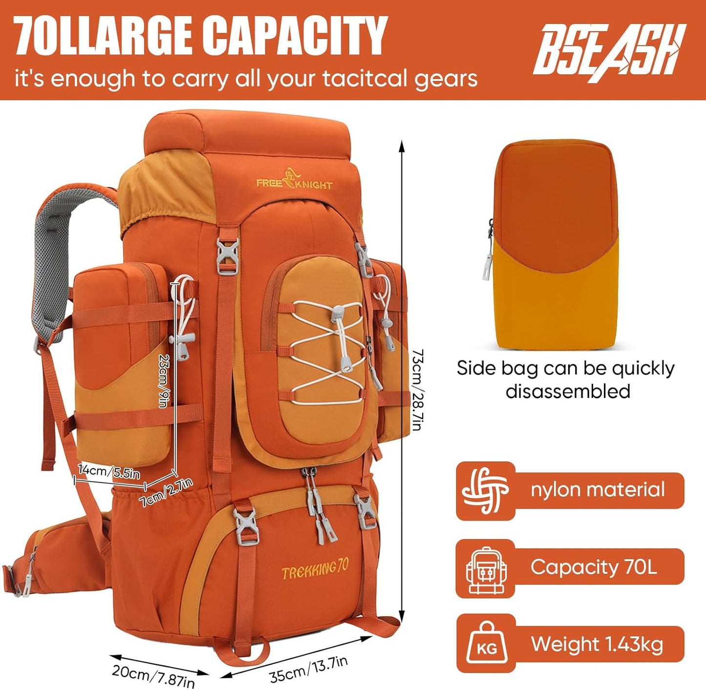 Bseash 70L (65+5) Waterproof Hiking Camping Backpack with Rain Cover, Outdoor Sport Travel Daypack for Climbing Touring (Orange)