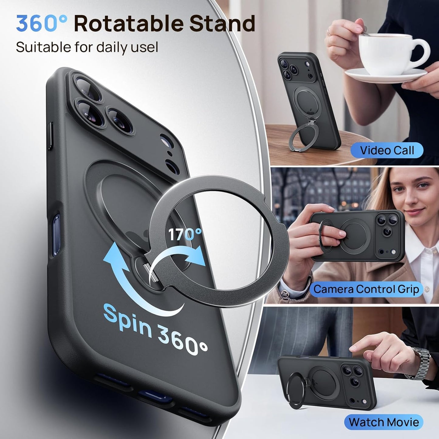 360° Spin Magnetic Stand for iPhone 17 Pro Case, [Fit for MagSafe][Military Protection][Full Camera Protection] Adjustable Kickstand iPhone Case for iPhone 17 Pro 6.3", Black