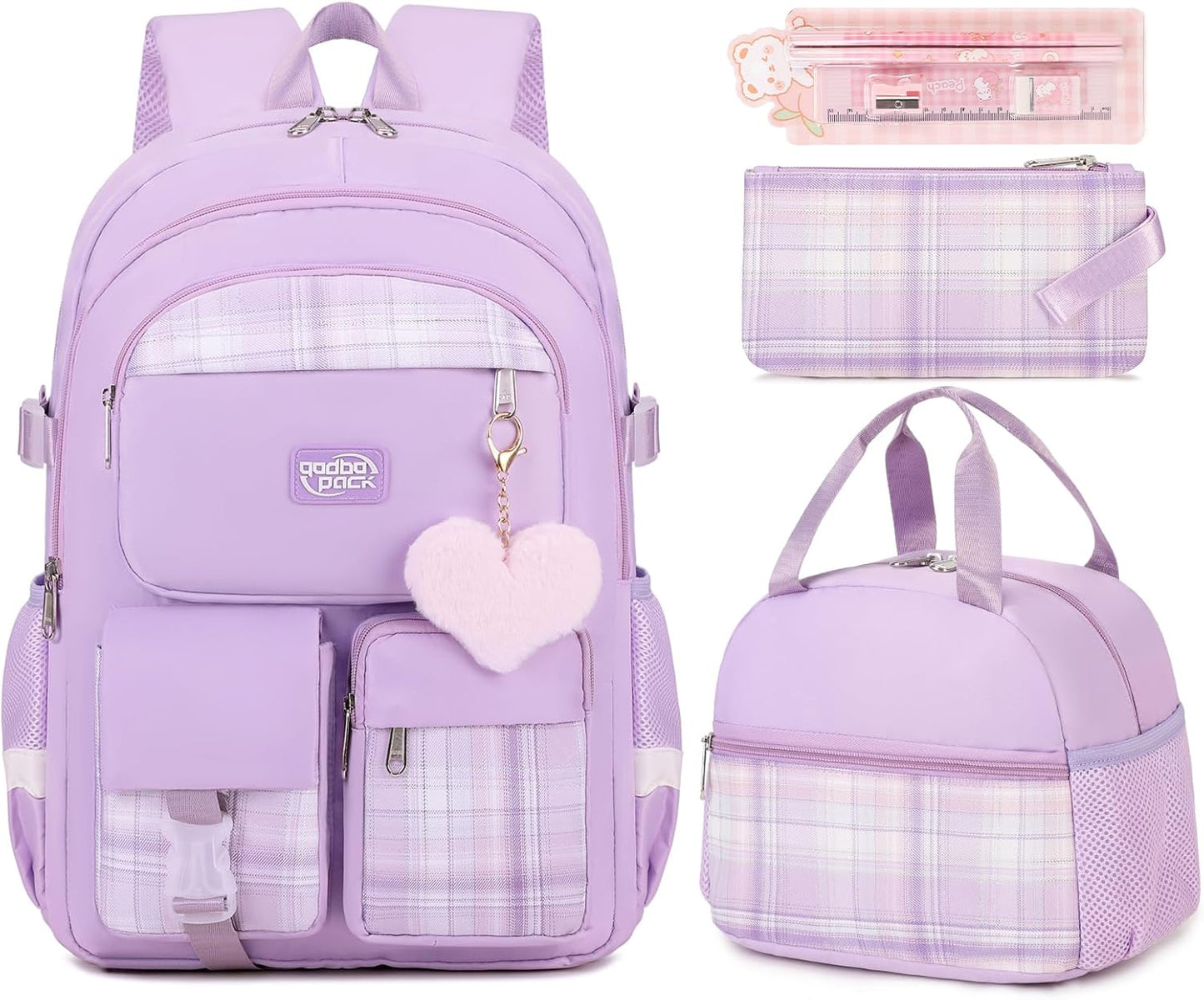 3PCS School Backpack For Student Women College Middle High Teen Girls Bookbag Waterproof Laptop Bag Plaid Purple