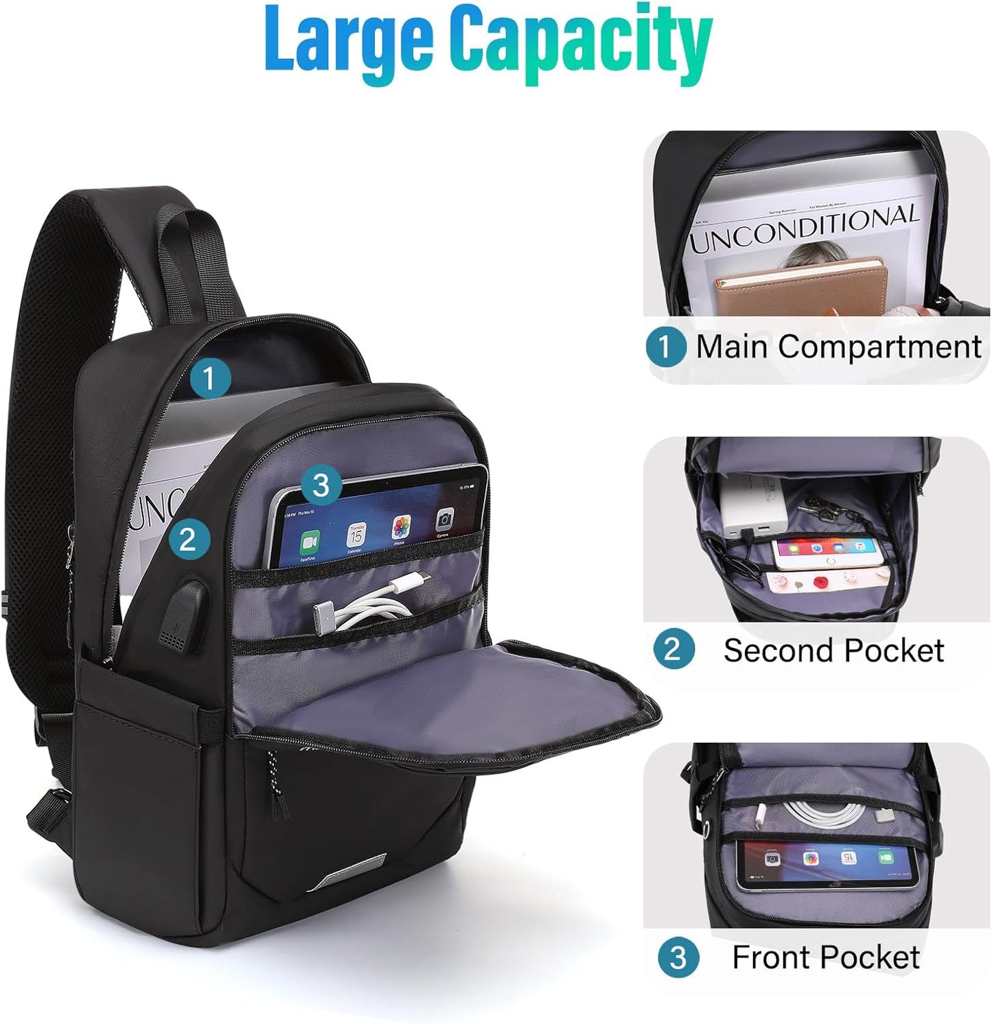 MOSISO Sling Backpack Travel Hiking Daypack,Large Crossbody Sling Bag with USB Charging Port for Men Women 3 Layer Pockets One Shoulder Bag for Outdoor Sports Casual Commuting, Black