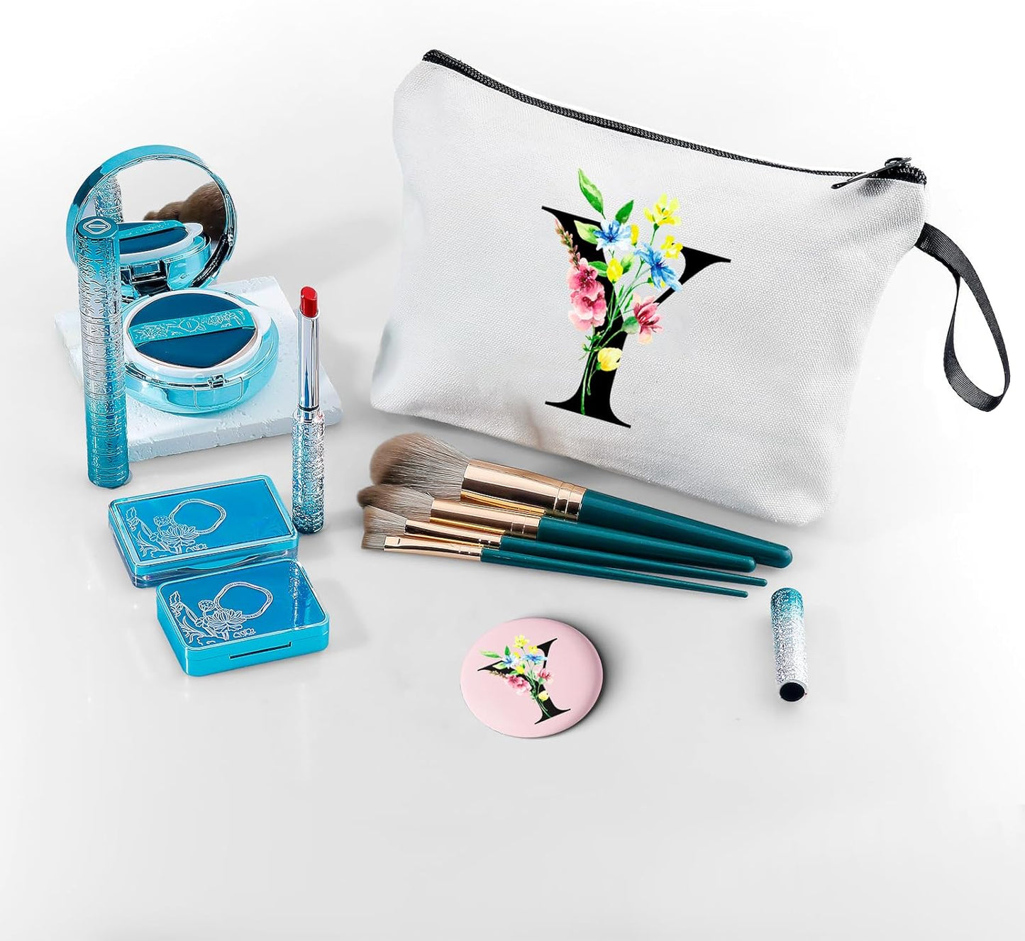 SEAMOON Women Birthday Unique Initial Funny Gifts for Teenage Girl Sister Friends Bridesmaid Personalized Travel Make up Cosmetic Bag with Mirror Valentines Mothers Day Christmas Graduation Y