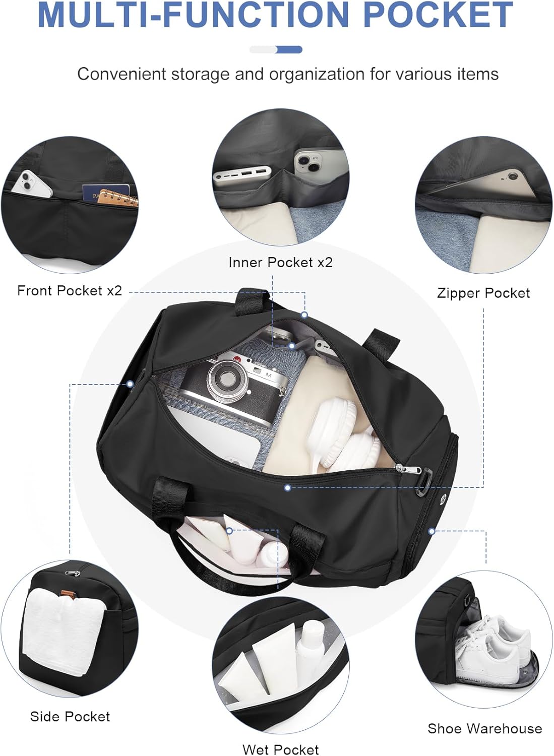 Gym Bag for Women Men, Sport Duffel Bag with Toiletry Bag & Shoe Compartment,Waterproof Travel Weekender Overnight Carry on Bag for Yoga with Trolley Sleeve, Black Set