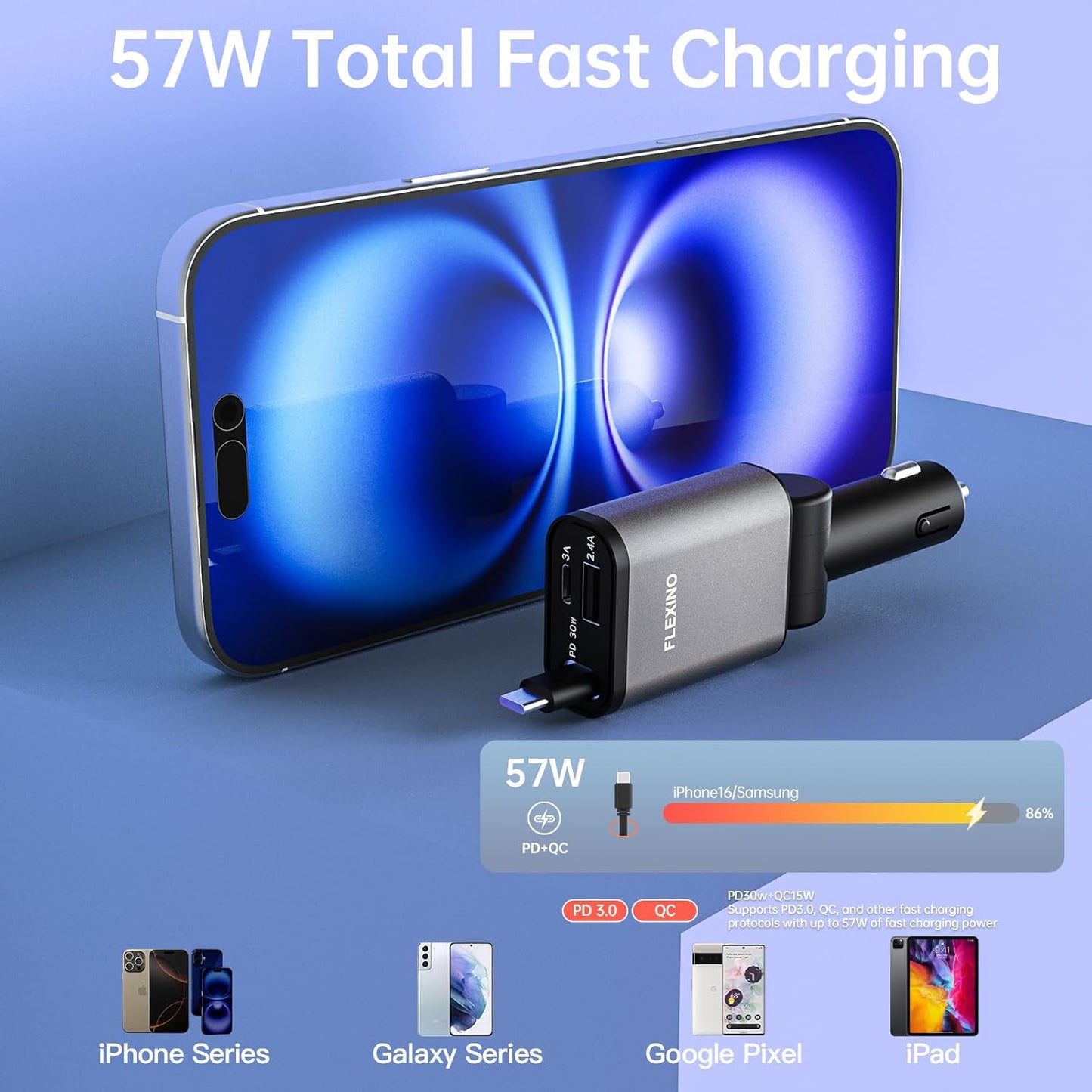 【2-in-1 Car Combo】 Flexino Retractable Car Charger for iPhone 16, 57W Fast Charging Car Charger USB C, Magnetic Phone Holder for MagSafe Car Mount,【360°】 Cell Phone Holder for iPhone 16/15/14/13/12