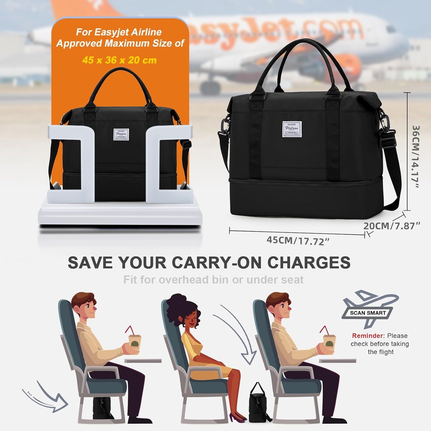 Travel Duffel Bag, Sports Tote Gym Bag, Shoulder Weekender Overnight Bag for Women
