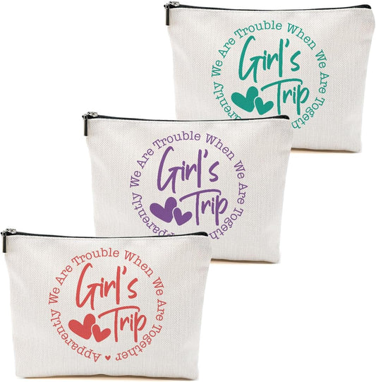 3Pcs Girls Trip Gifts Favors, Bestie Gifts Funny Makeup Bag, 2025 Girls Weekend Gifts Travel Gifts Cosmetic Bag, Friendship Gifts for Women Friend Weekend Bag, Graduation Wedding Gifts Toiletry Bag