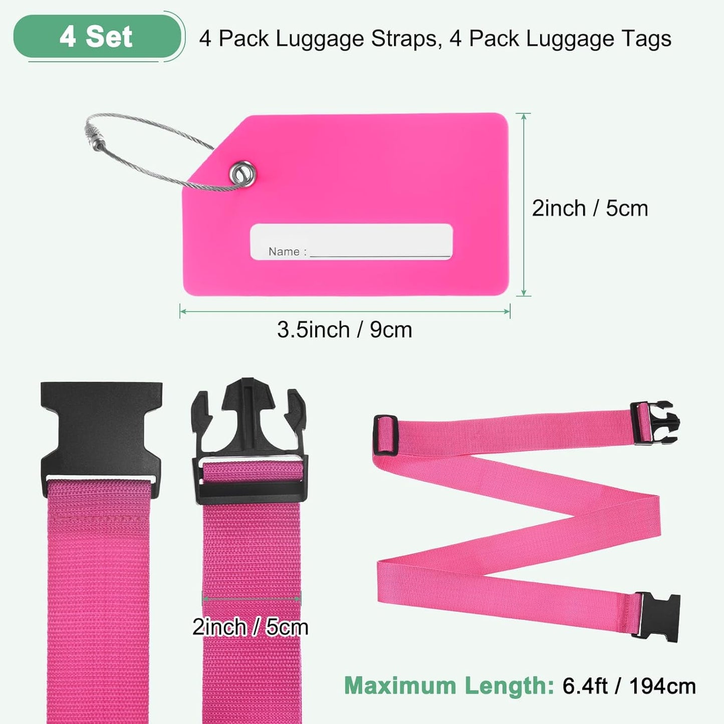 4-Sets Luggage Straps TSA Approved, Travel Straps for Luggage Suitcase Tags Set, Adjustable Suitcase Belt [Rose Red]