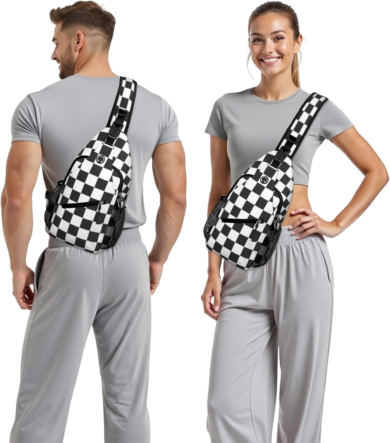 Black White Checkered Sling Bag Crossbody Chest Bag for Women Men, Water Resistant Lightweight Casual Crossbody Bag with Adjustable Strap, Travel Hiking Daypack Shoulder Backpack