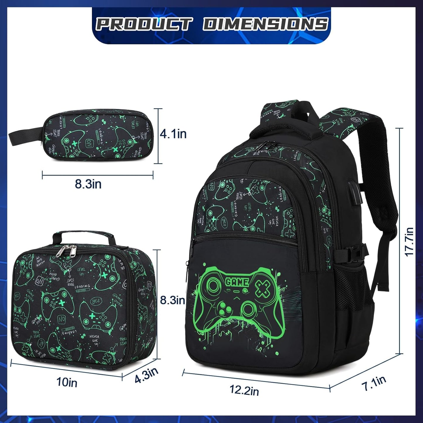 Boys Backpack for School, 3PCS Cool Luminous Gamer Backpack for Boys with Lunch Box Pencil Case, Kids Backpacks Bookbag for Teen Boy Elementary Middle High School with USB Charging Port