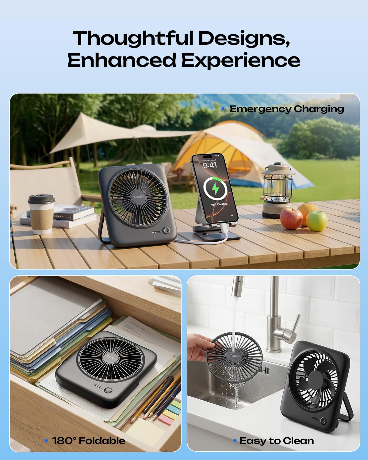 Otlonpe Personal Portable Desk Fan, 4000mAh Small Rechargeable Portable Fan Battery Operated & USB