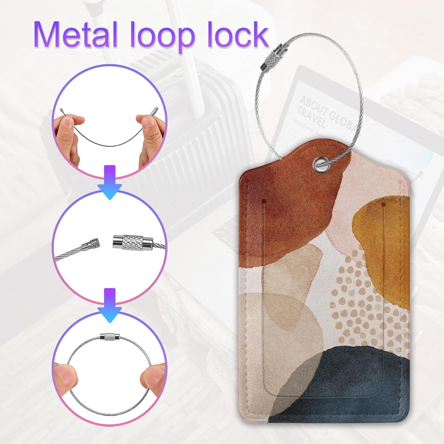 2 Pack Leather Luggage Tag for Suitcase Boho Color Block Modern Abstract Unique Travel Tags with Privacy Cover ID Label & Stainless Steel Loop for Men and Women Baggage
