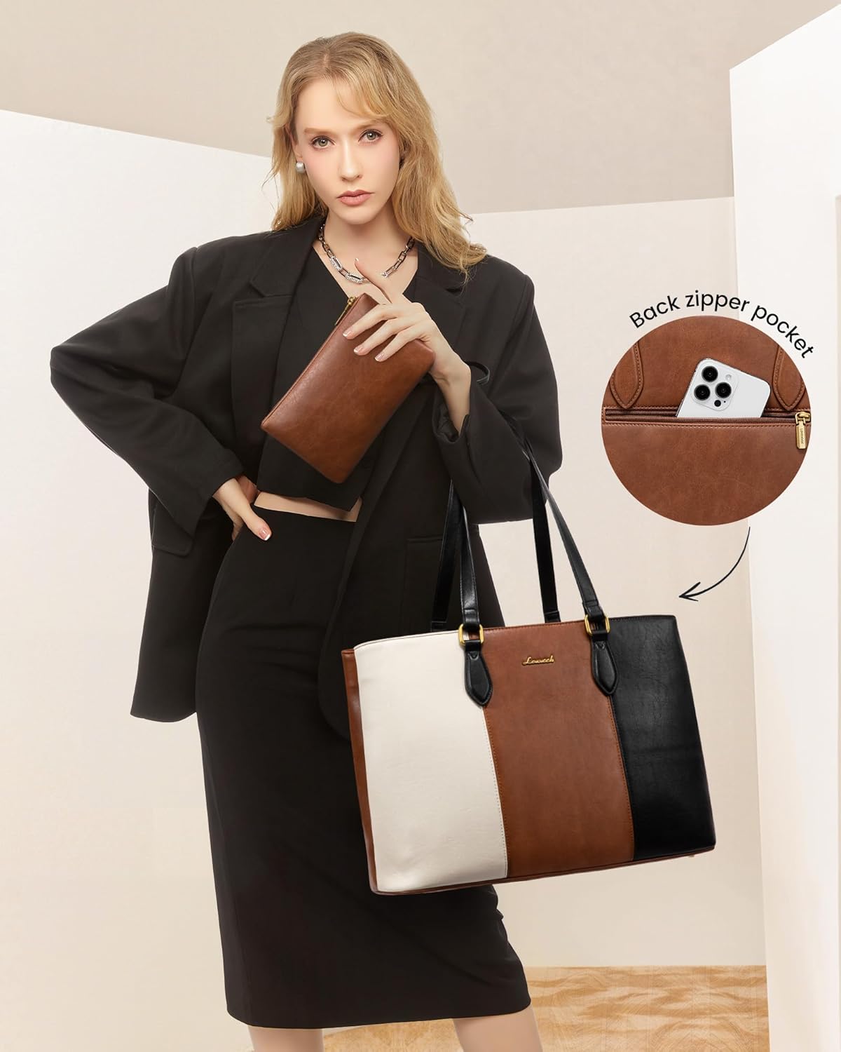 LOVEVOOK Laptop Tote Bag for Women,Work Tote with Wristlet,PU Leather Computer Bag for Teacher,Office, Daily