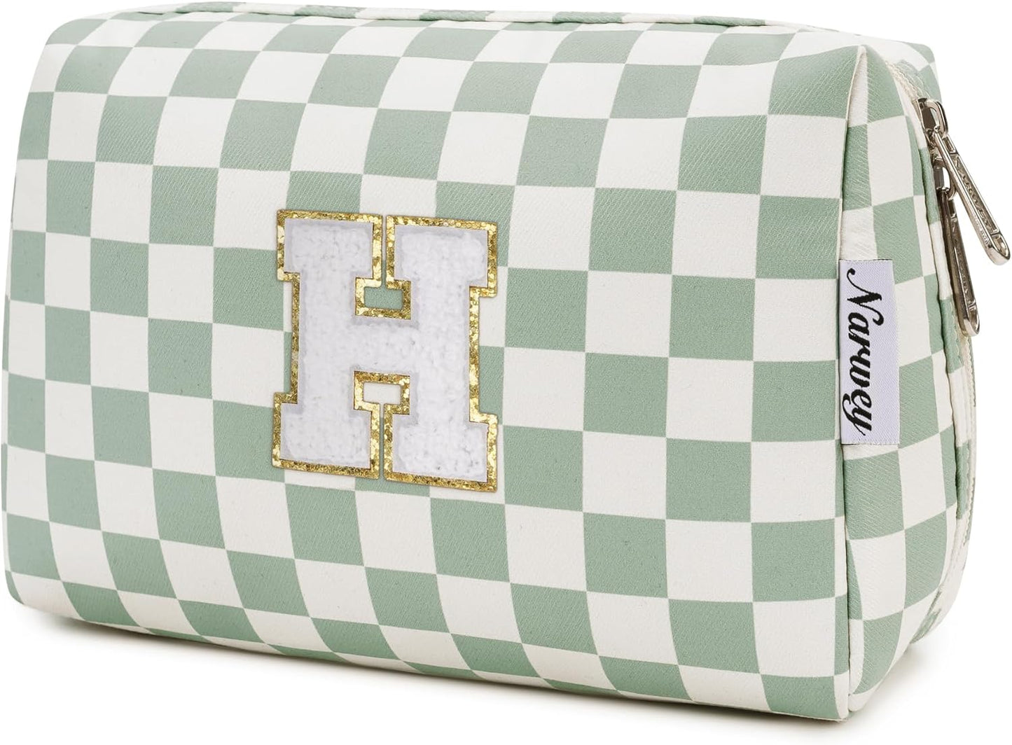 Narwey Birthday Gifts for Teen Girls Women Personalized Initial Checkered Makeup Bag Preppy Cosmetic Bag Trendy Stuff 6 8 10 11 12 13 14 16 18 Years Old Travel Toiletry Bag (Green Letter H)