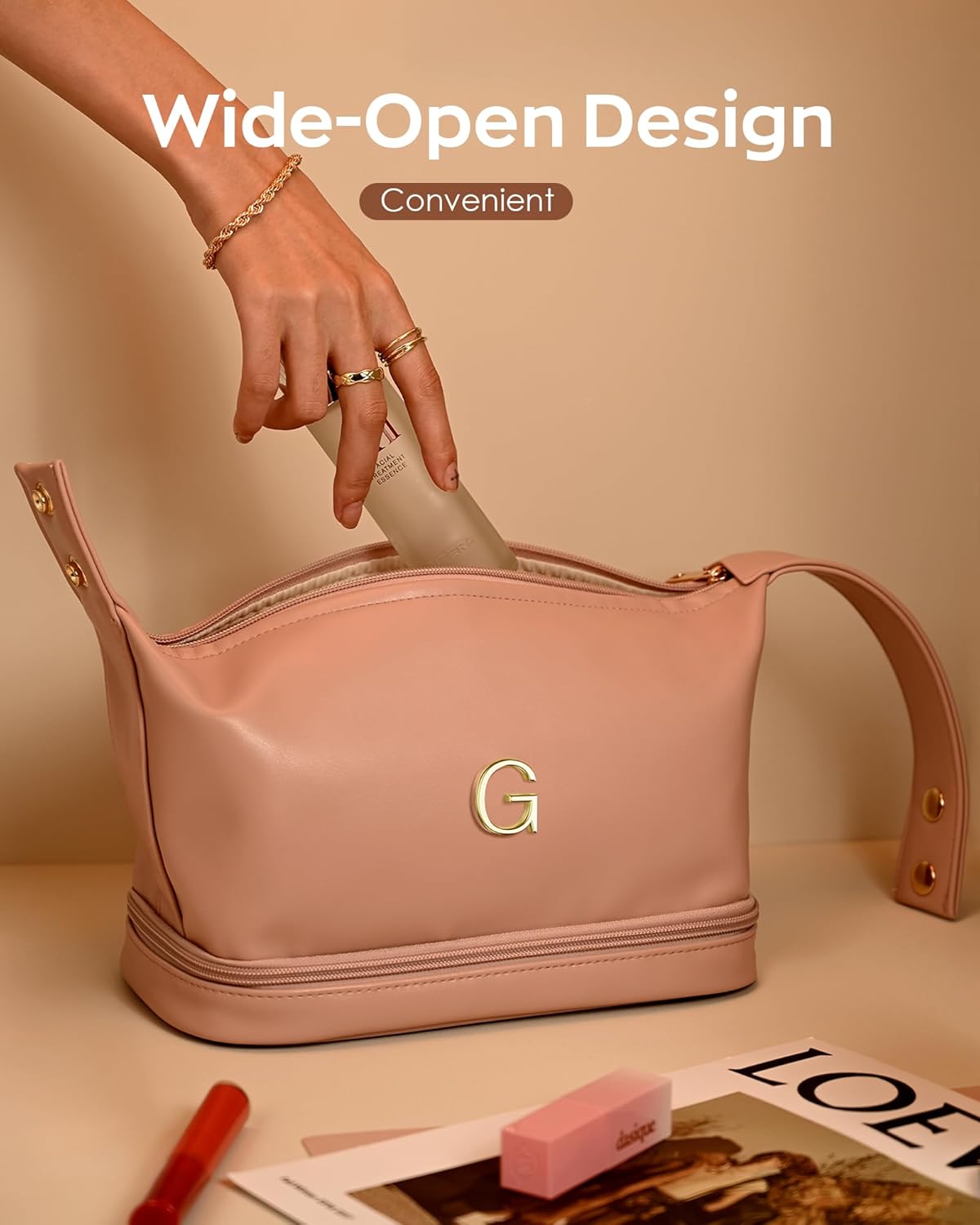 Graduation Gifts for Daughter-Initial Cosmetic Bag Handle, PU Leather Makeup Bags Letter Travel Toiletry Bag with Makeup Brush Organizer-Bridesmaid Proposal Gifts-Daughter Graduation Gifts