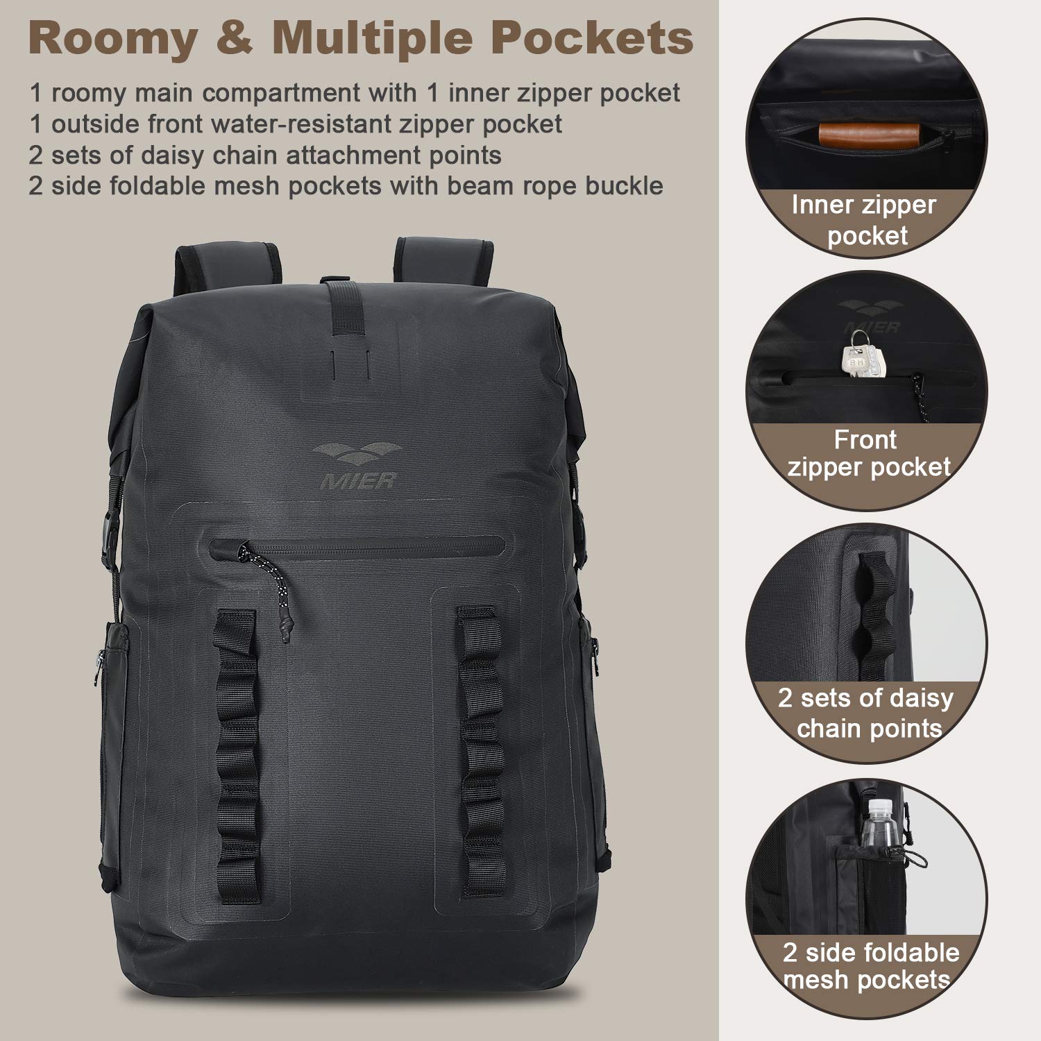 MIER Roll Top Waterproof Backpack Floating Dry Bag for Men Women, 30L Black