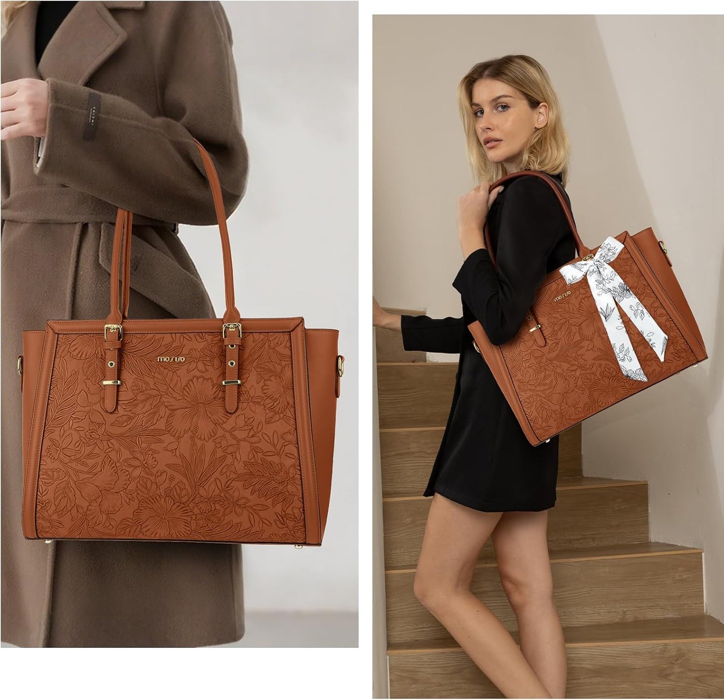 MOSISO Laptop Bag for Women, PU Leather Tote Bag, Front Embossed Retro Hibiscus Computer Bags with Silk Scarf&Clutch Purse