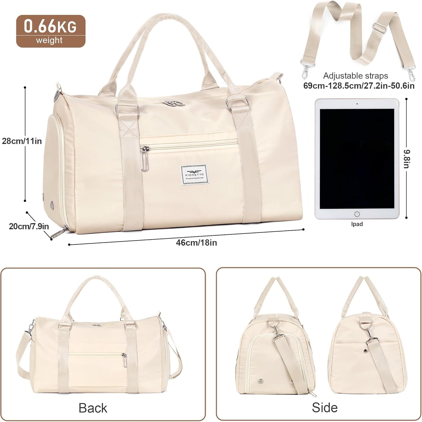 FIORETTO Womens Gym Tote Duffle Bag with Wet Pocket & Shoe Compartment, Sports Duffel Overnight